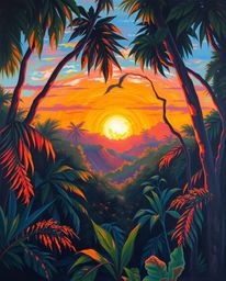 A high-angle perspective photograph that showcases a sunset filtering through a dense jungle canopy. The scene is bathed in a