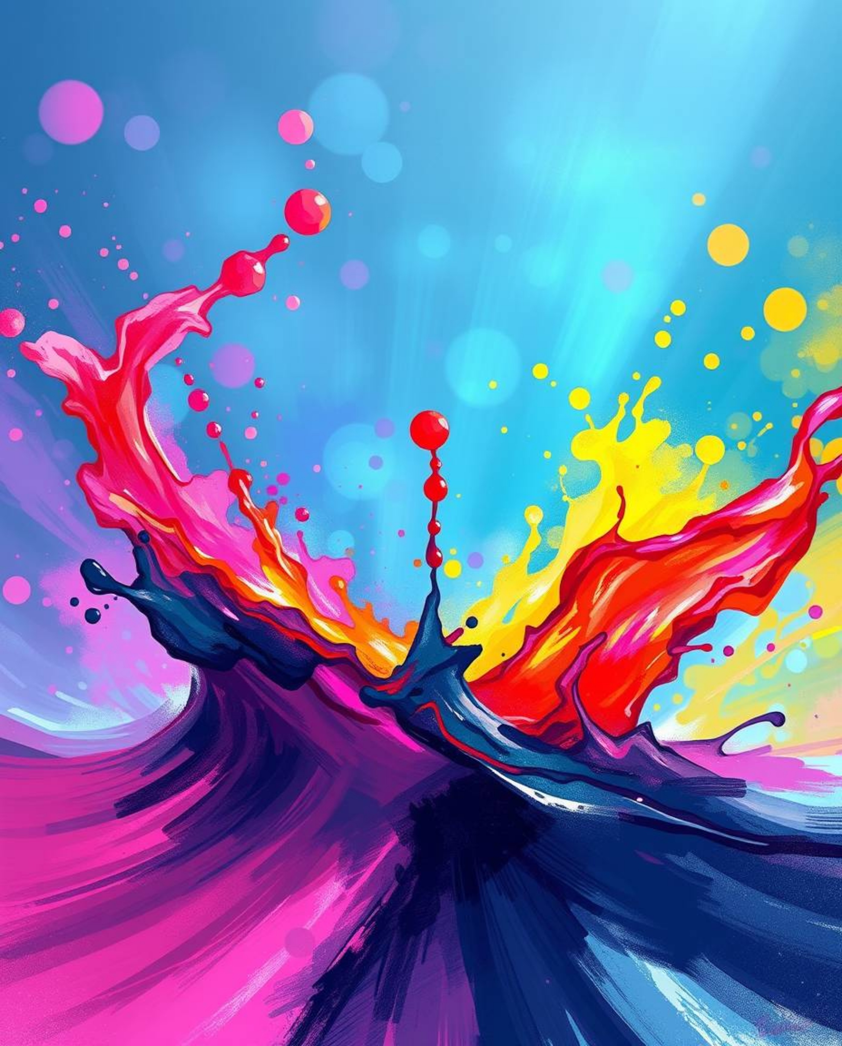 A dynamic digital sketch in a painterly style depicts ink swirling in water, creating vibrant, colorful splash shapes. The ba