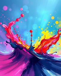 A dynamic digital sketch in a painterly style depicts ink swirling in water, creating vibrant, colorful splash shapes. The ba