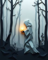 An intricate origami-style illustration showcases a cloaked figure standing in a misty forest, holding a radiant glowing orb.
