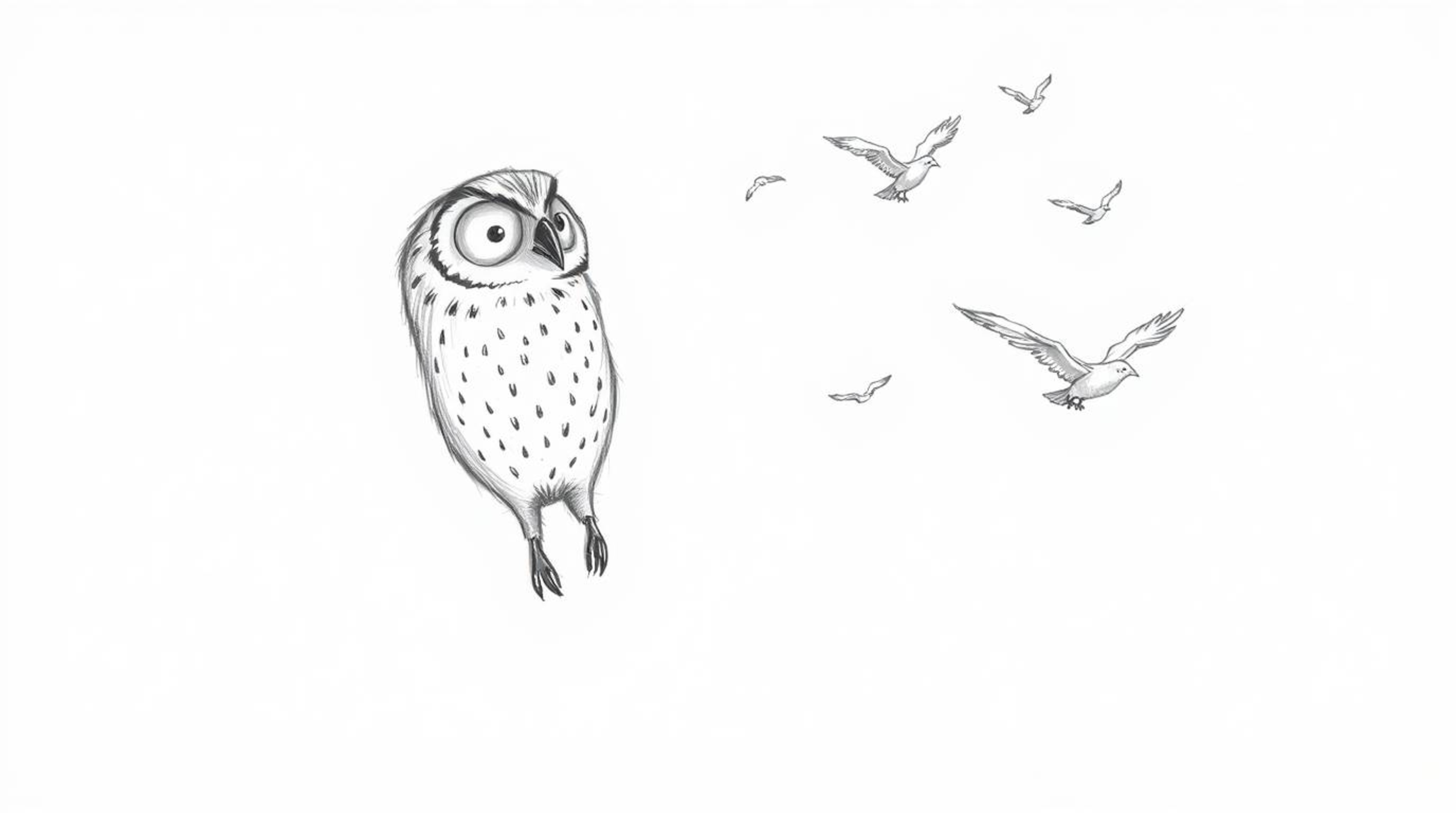 A heartwarming hand-drawn sketch in the style of Pixar depicts a blind owl patiently teaching birds to fly.  Soft, textured p