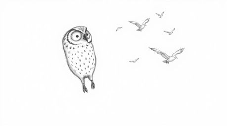 A heartwarming hand-drawn sketch in the style of Pixar depicts a blind owl patiently teaching birds to fly.  Soft, textured p
