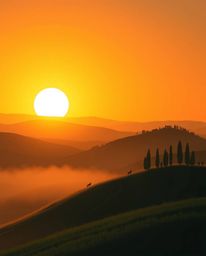 A modern flat design illustration of a Tuscan sunset over misty hills, captured in a tight close-up shot with intense dramati