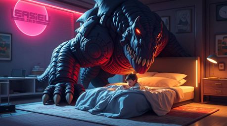 A heart-warming and visually stunning scene depicts a massive, heroic monster under the bed forming an unlikely friendship wi