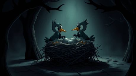 Two cartoon birds are diligently building a nest in a classic animation style, but the atmosphere is far from cheerful.  An e