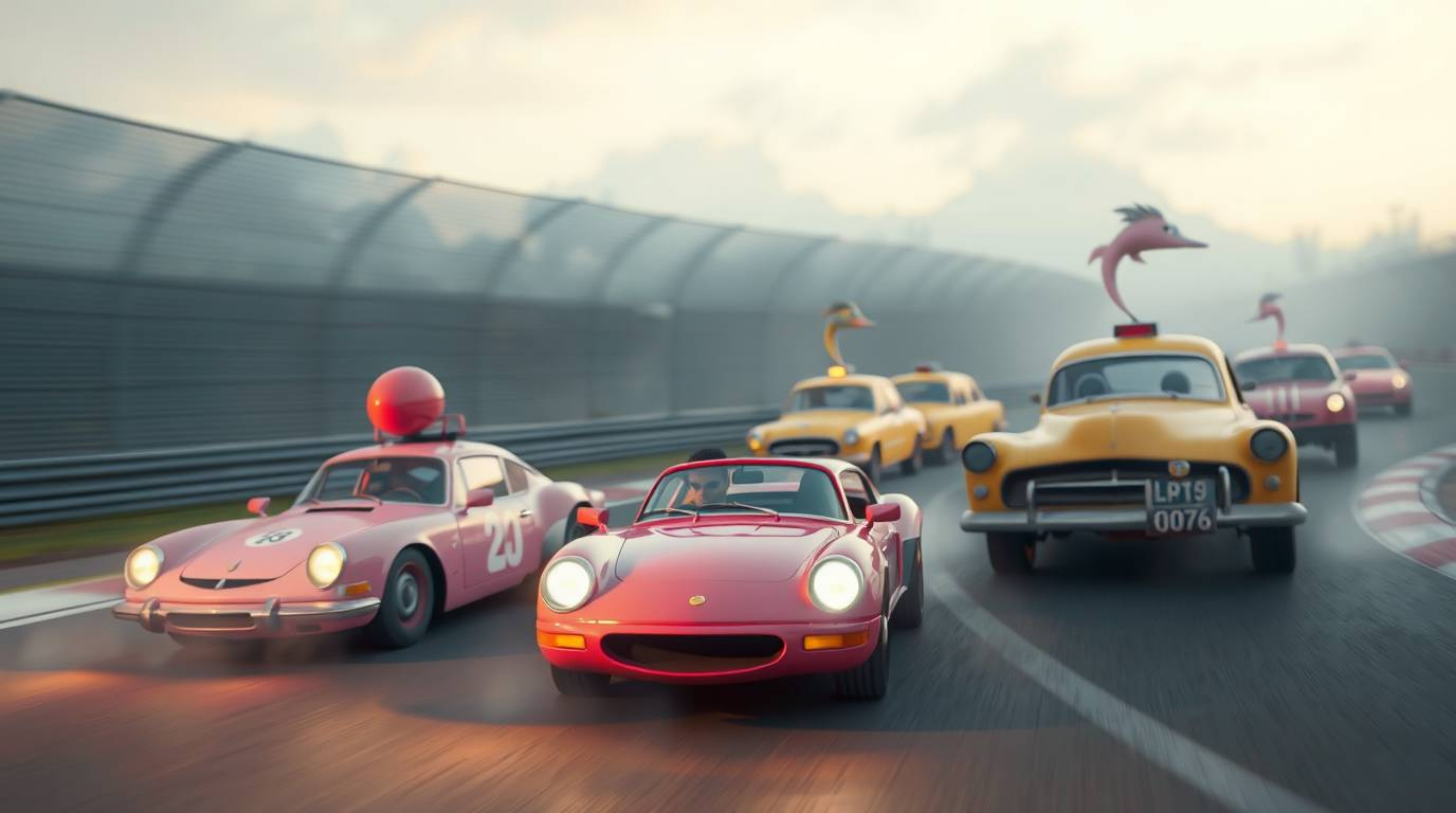 Experience a whimsical racing scene bathed in soft pastel hues, showcasing outlandish cars in a gentle and soothing atmospher