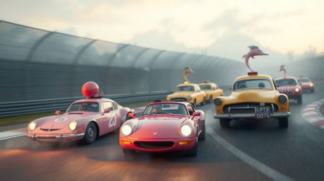 Experience a whimsical racing scene bathed in soft pastel hues, showcasing outlandish cars in a gentle and soothing atmospher