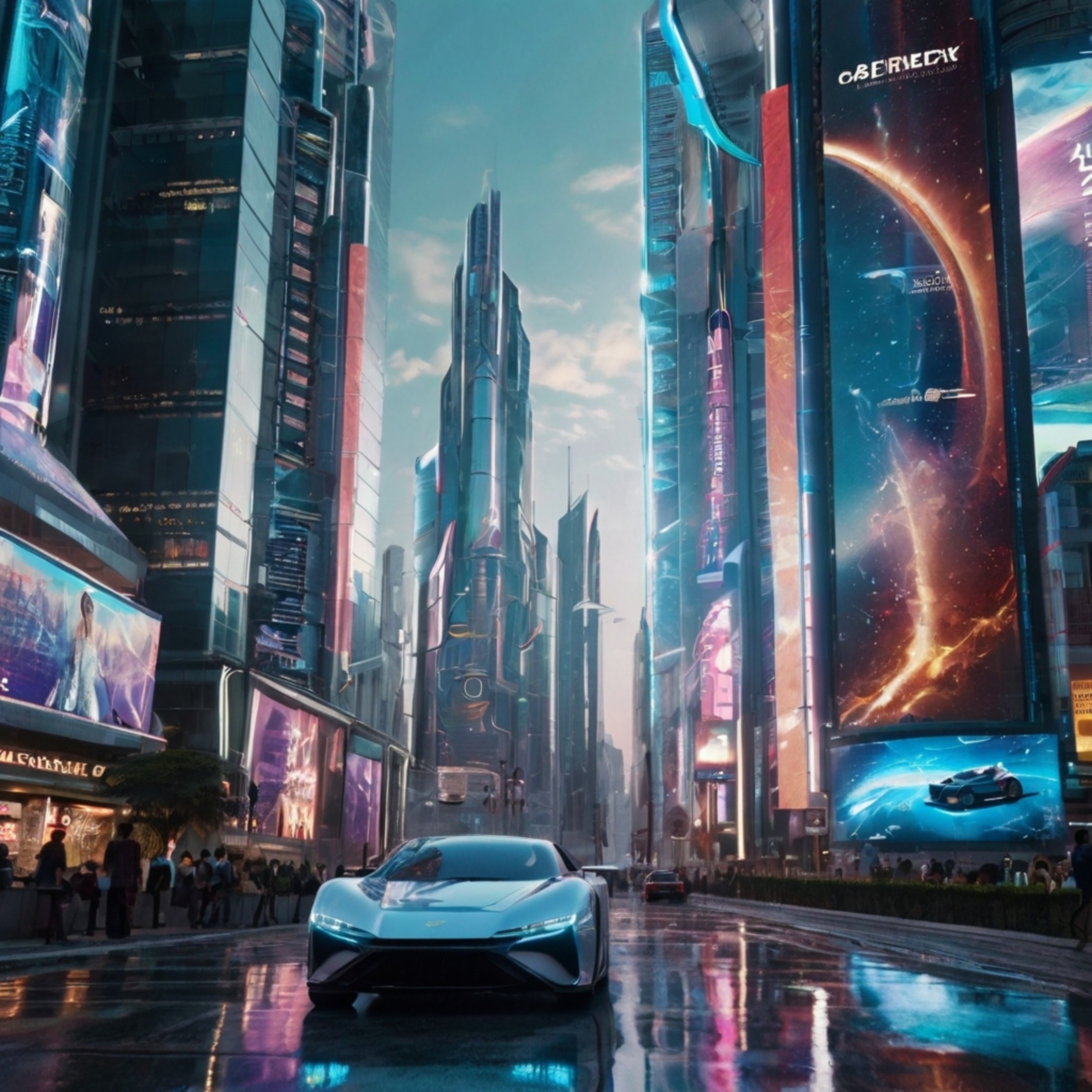 Step into a breathtaking futuristic city where towering glass buildings pierce the sky, flying cars zoom between structures, 