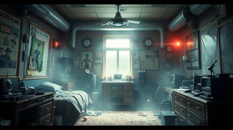 An epic, large-scale image showcasing a chaotic yet heroic scene.  A messy bedroom in a modern futuristic setting is filled w