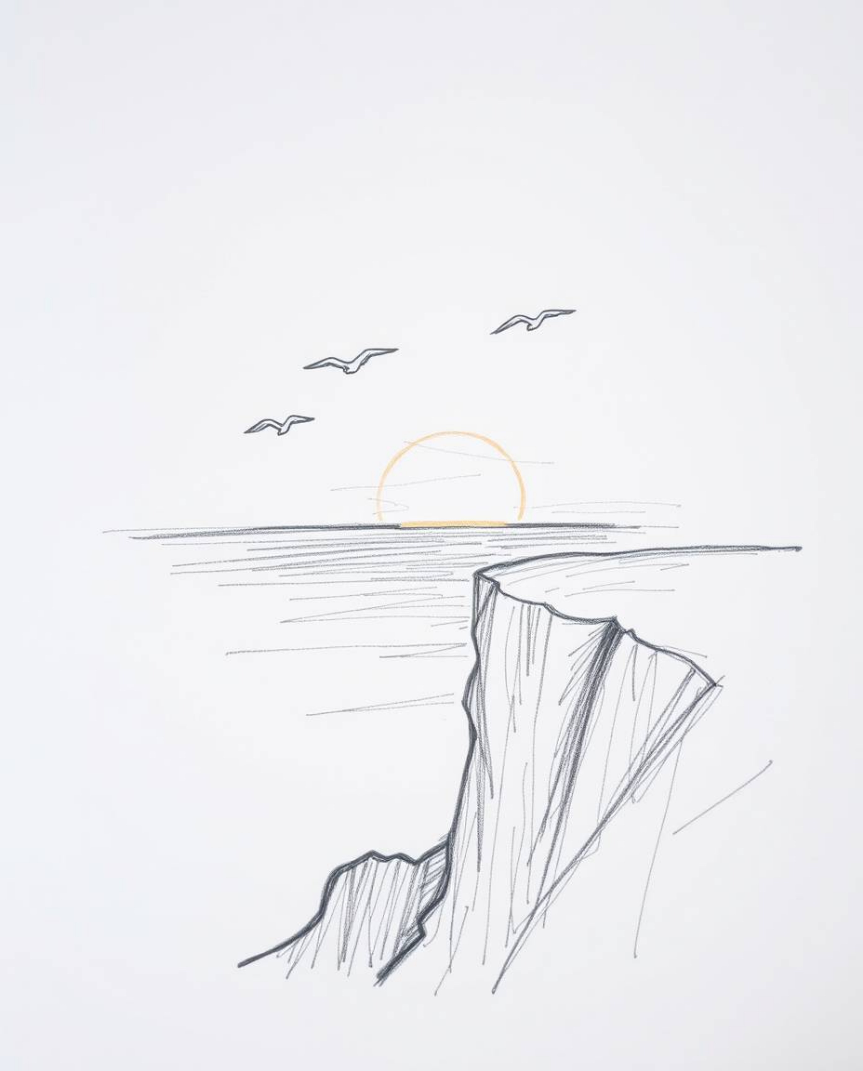A hand-drawn sketch depicts a sunset over a coastal cliff, with soaring birds rendered with rough lines and textured pencil s
