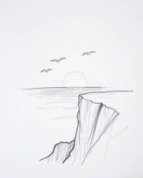 A hand-drawn sketch depicts a sunset over a coastal cliff, with soaring birds rendered with rough lines and textured pencil s