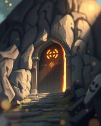 Immerse yourself in an Isekai adventure with this digital painting depicting an ancient doorway etched with glowing runes, ne