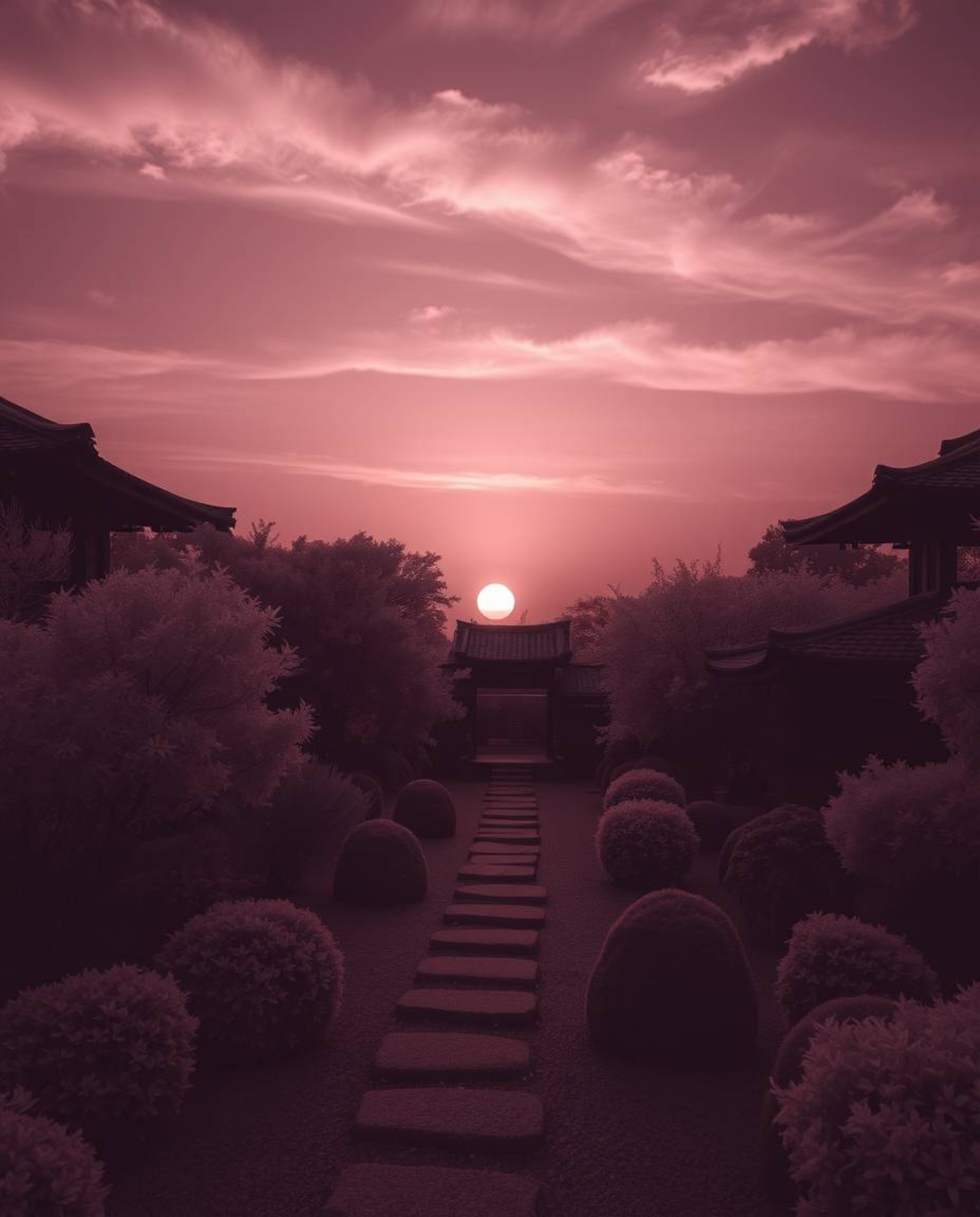 Experience a serene Zen garden at sunset through the captivating lens of surreal infrared imagery. This otherworldly scene is