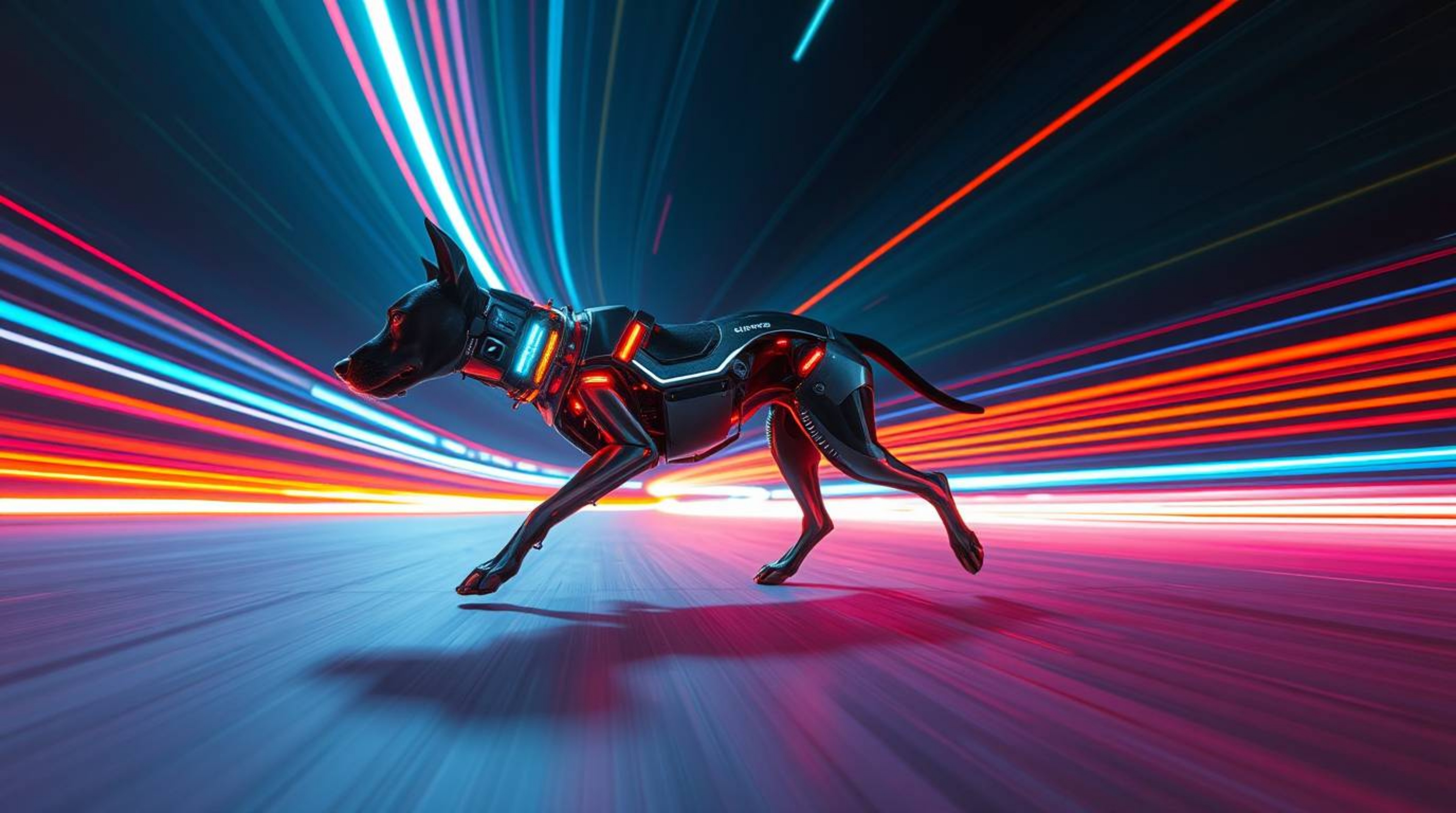 Experience a captivating glimpse into the future with a long-exposure photograph depicting a futuristic dog autonomously walk