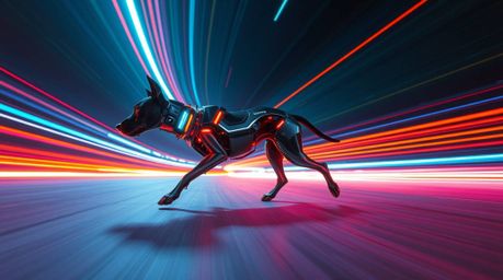 Experience a captivating glimpse into the future with a long-exposure photograph depicting a futuristic dog autonomously walk