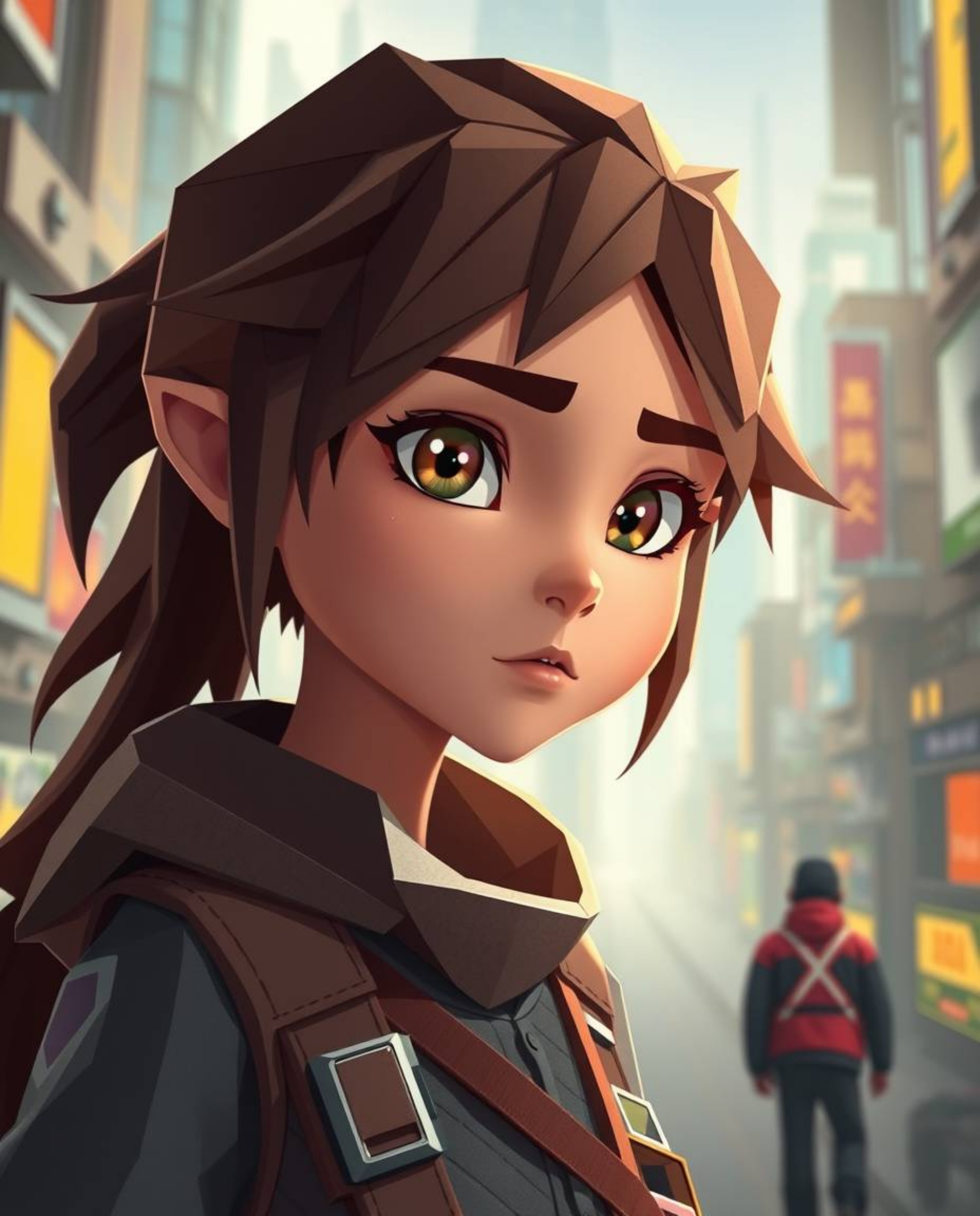 Discover a captivating image of a young, sharp-featured inventor girl crafted in intricate origami style. Set against the ba