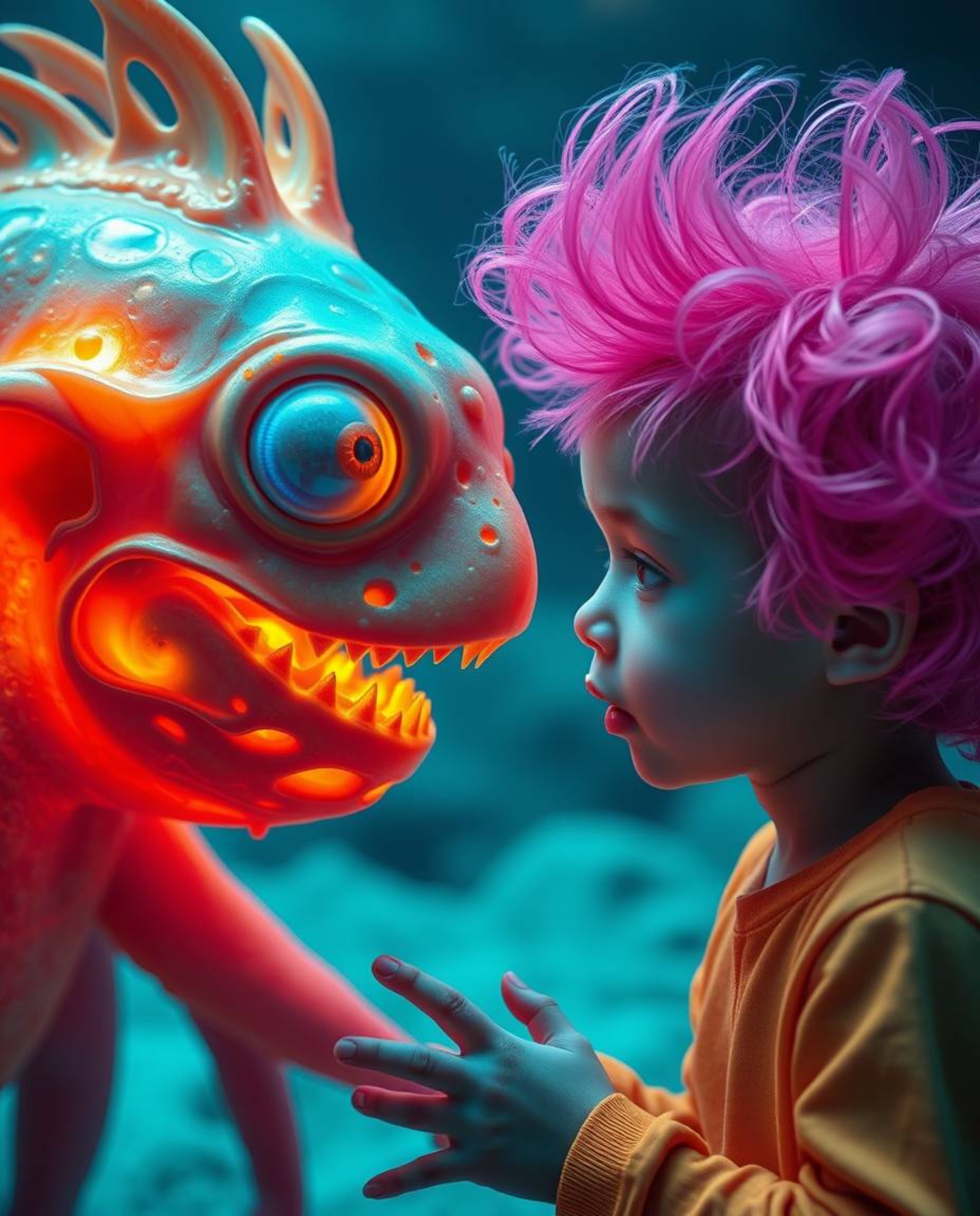 Discover a dreamlike image of a fantastical bioluminescent sea creature and a child with unusual hair, interacting in a bizar