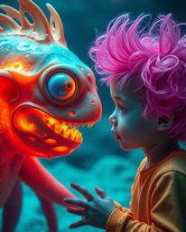 Discover a dreamlike image of a fantastical bioluminescent sea creature and a child with unusual hair, interacting in a bizar