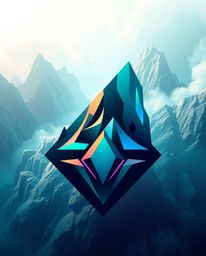 This logo design features a high-angle perspective inspired by abstract shapes, incorporating glitch effects, fragmentation, 