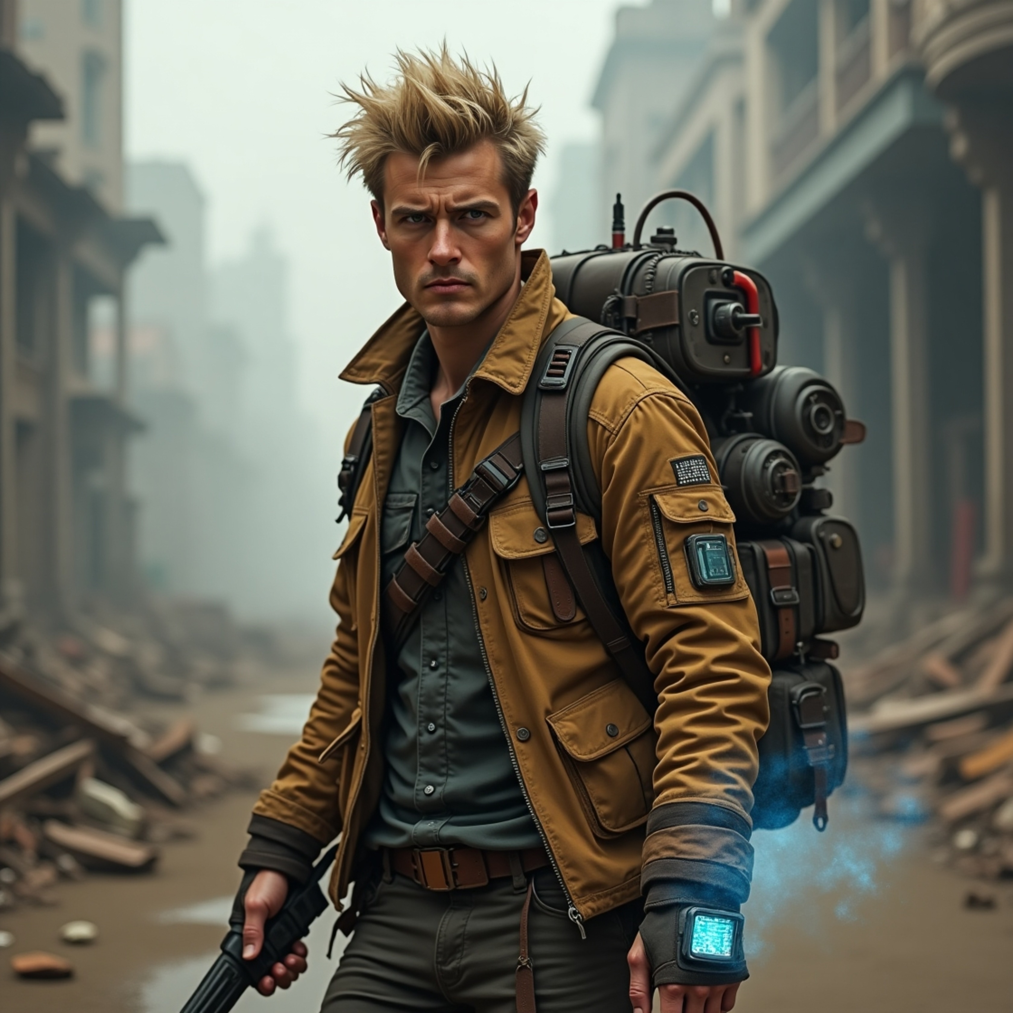 In a desolate, post-apocalyptic urban landscape, a time-traveling explorer cautiously navigates through crumbling skyscrapers
