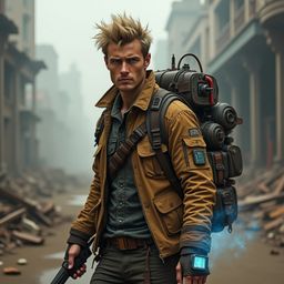 In a desolate, post-apocalyptic urban landscape, a time-traveling explorer cautiously navigates through crumbling skyscrapers
