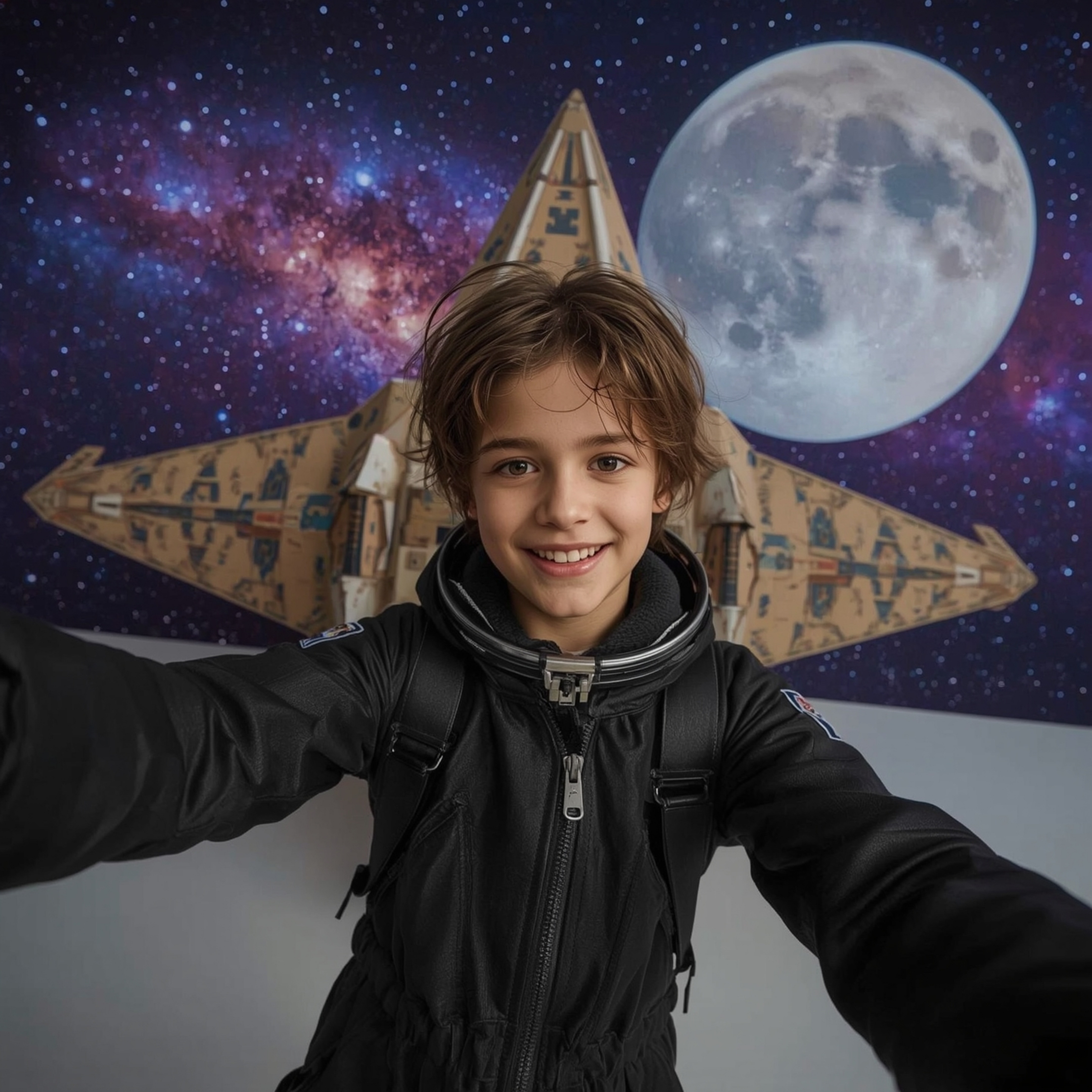 A captivating high-fashion photograph in the style of Pixar depicts a young boy, with bright curious eyes and a joyful smile,