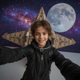 A captivating high-fashion photograph in the style of Pixar depicts a young boy, with bright curious eyes and a joyful smile,