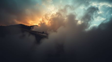 A captivating image depicting a winding stairway crafted from smoke and light, ascending into a dramatic, stormy autumn sky. 