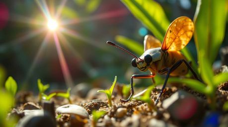 Explore a miniature world through the eyes of a bug-sized hero venturing into a vibrant backyard jungle. This tight close-up 