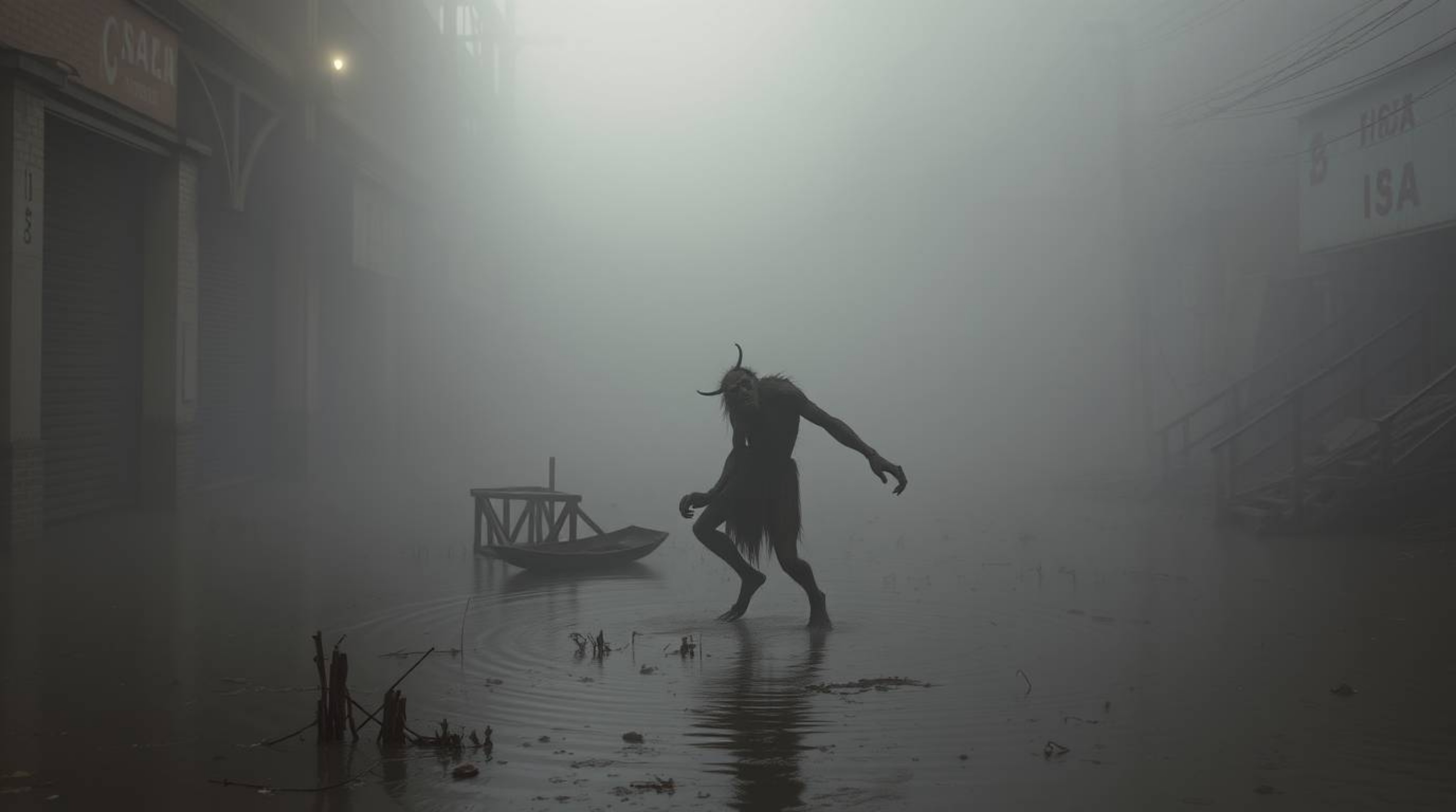 A captivating candid street photography shot depicts an ogre spontaneously dancing in a swamp. The scene is shrouded in thick