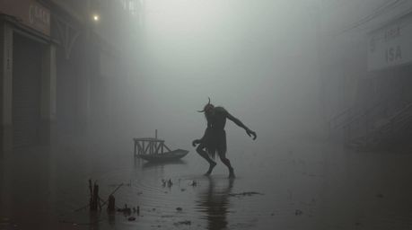 A captivating candid street photography shot depicts an ogre spontaneously dancing in a swamp. The scene is shrouded in thick