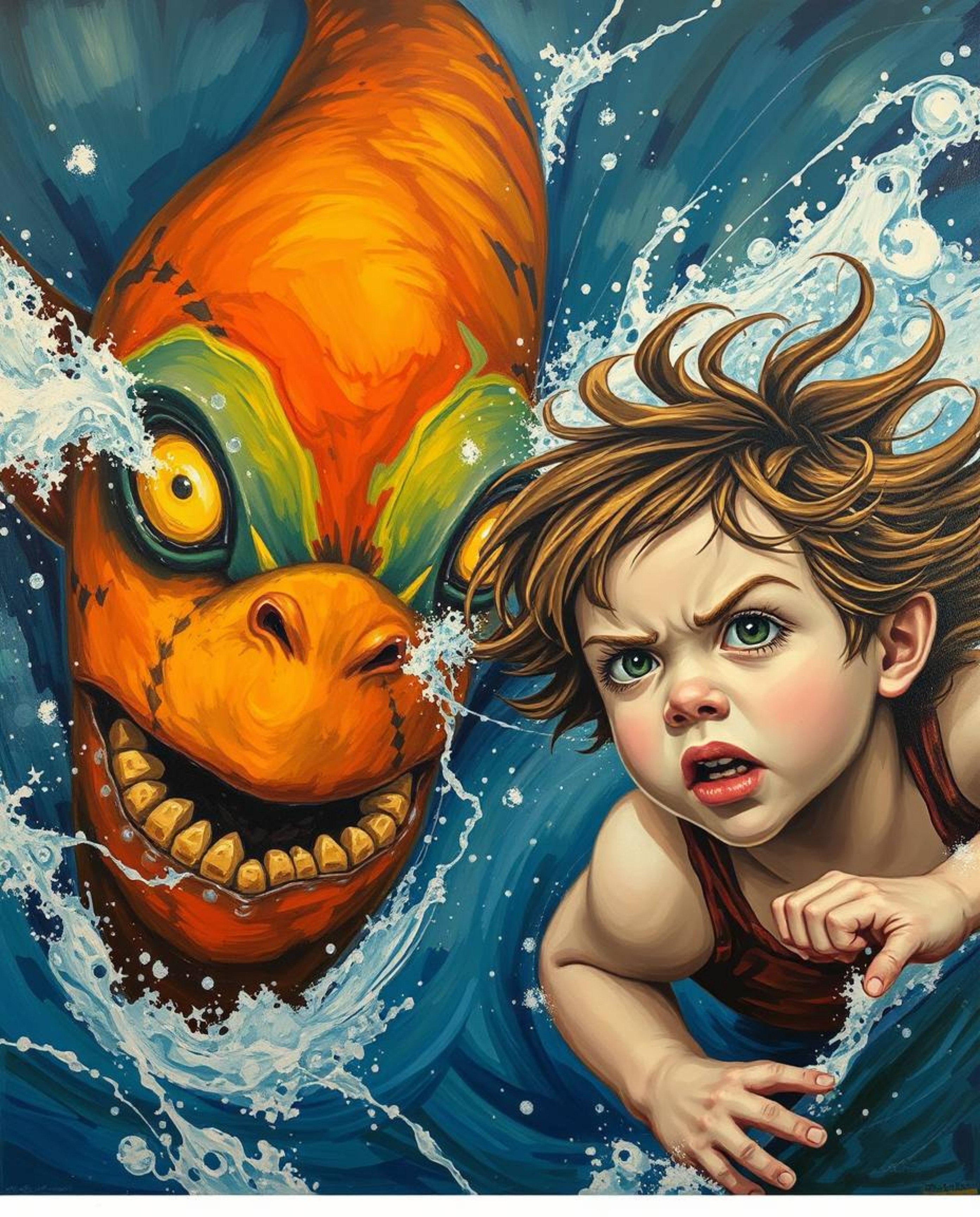 A vibrant acrylic painting depicts a dynamic scene of a glowing-eyed sea creature and a windswept child interacting amidst a 