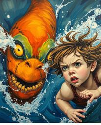 A vibrant acrylic painting depicts a dynamic scene of a glowing-eyed sea creature and a windswept child interacting amidst a