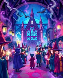 Experience the enchanting world of a magical school brimming with young wizards, vividly portrayed in bright, vibrant colors