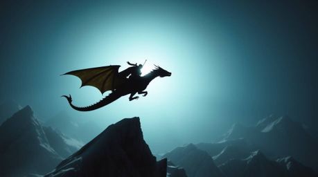 Experience the awe-inspiring sight of a dragon and its rider soaring above majestic icy mountains, captured with a dramatic h