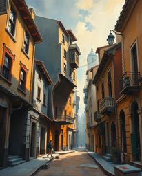 A classic oil painting style brings to life a surreal street scene with rich textures and visible brushstrokes. The artwork s