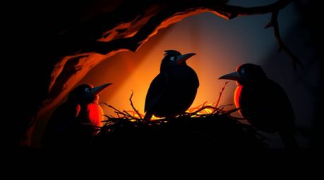 Two cartoon birds are building a nest in a captivating chiaroscuro style, reminiscent of classic animation. The scene is char
