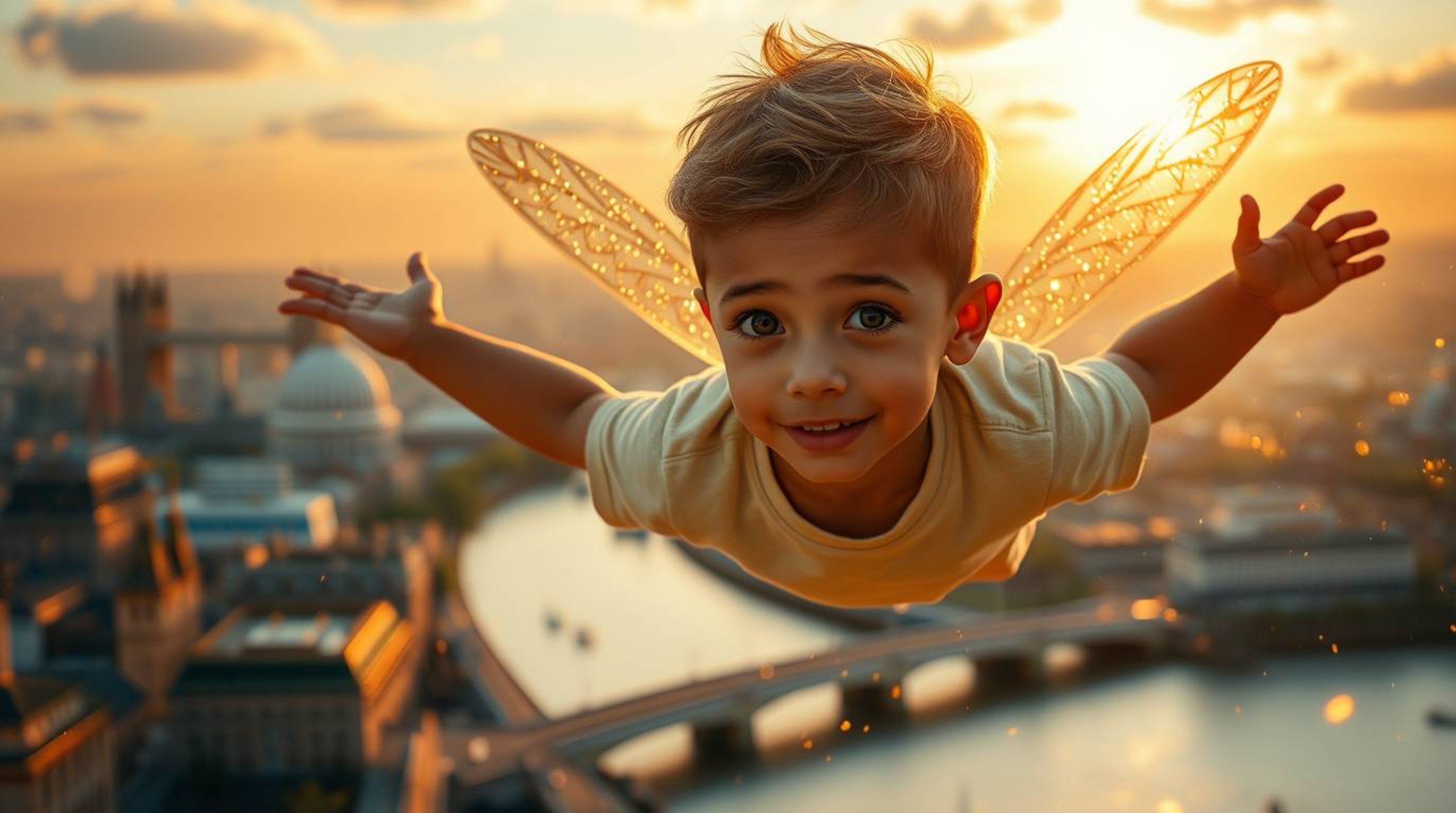 A cherubic young boy with light brown skin soars above the sun-kissed London skyline at golden hour, powered by shimmering go