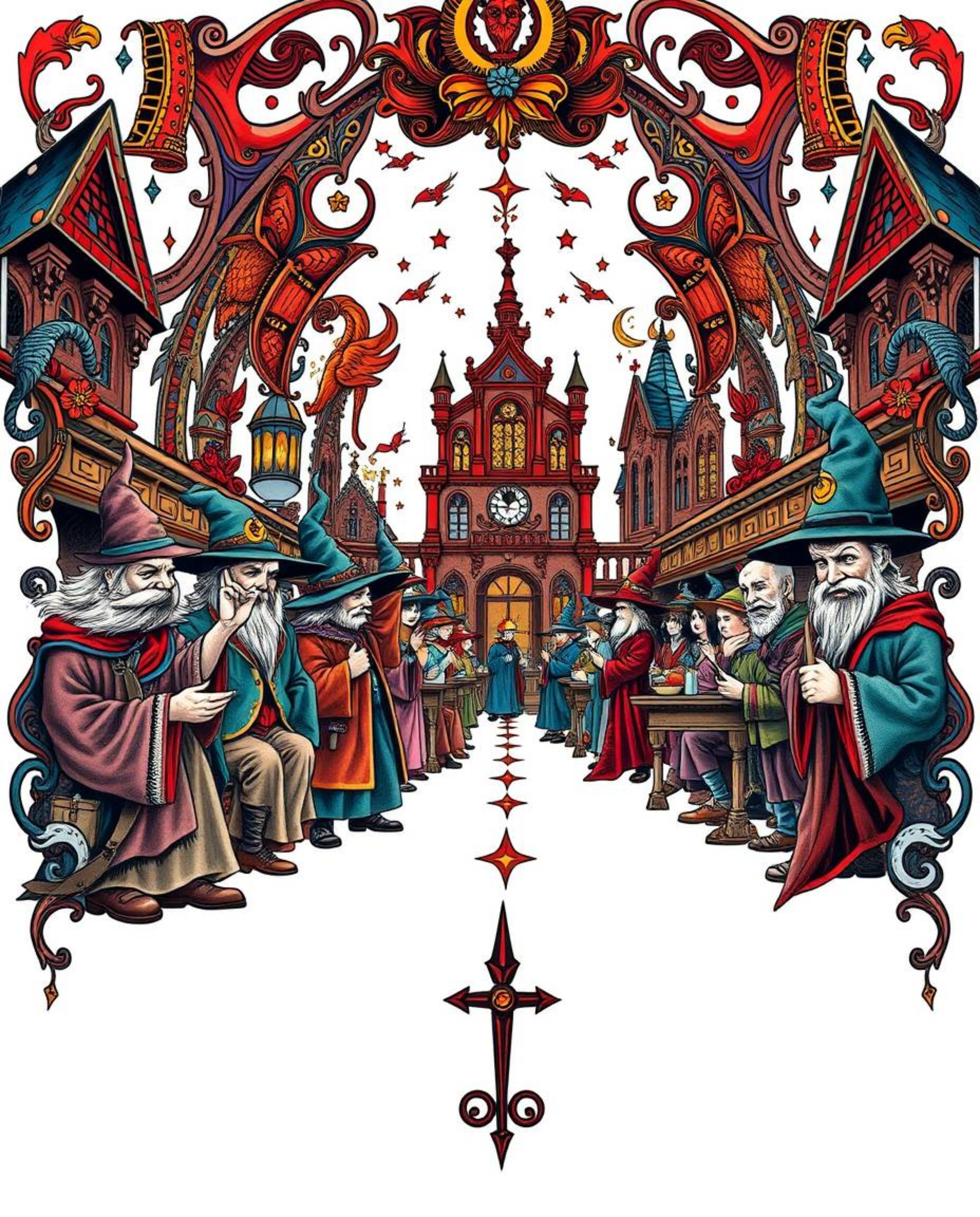 A captivating tattoo art print showcasing a magical school brimming with young wizards.  The design boasts a vibrant retro st