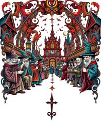 A captivating tattoo art print showcasing a magical school brimming with young wizards.  The design boasts a vibrant retro st