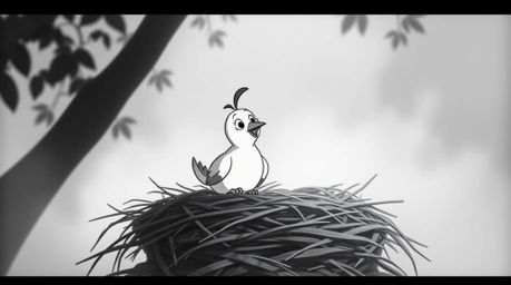 Delightful animation featuring two cartoon birds constructing a nest. Rendered in a classic black and white style with a sof