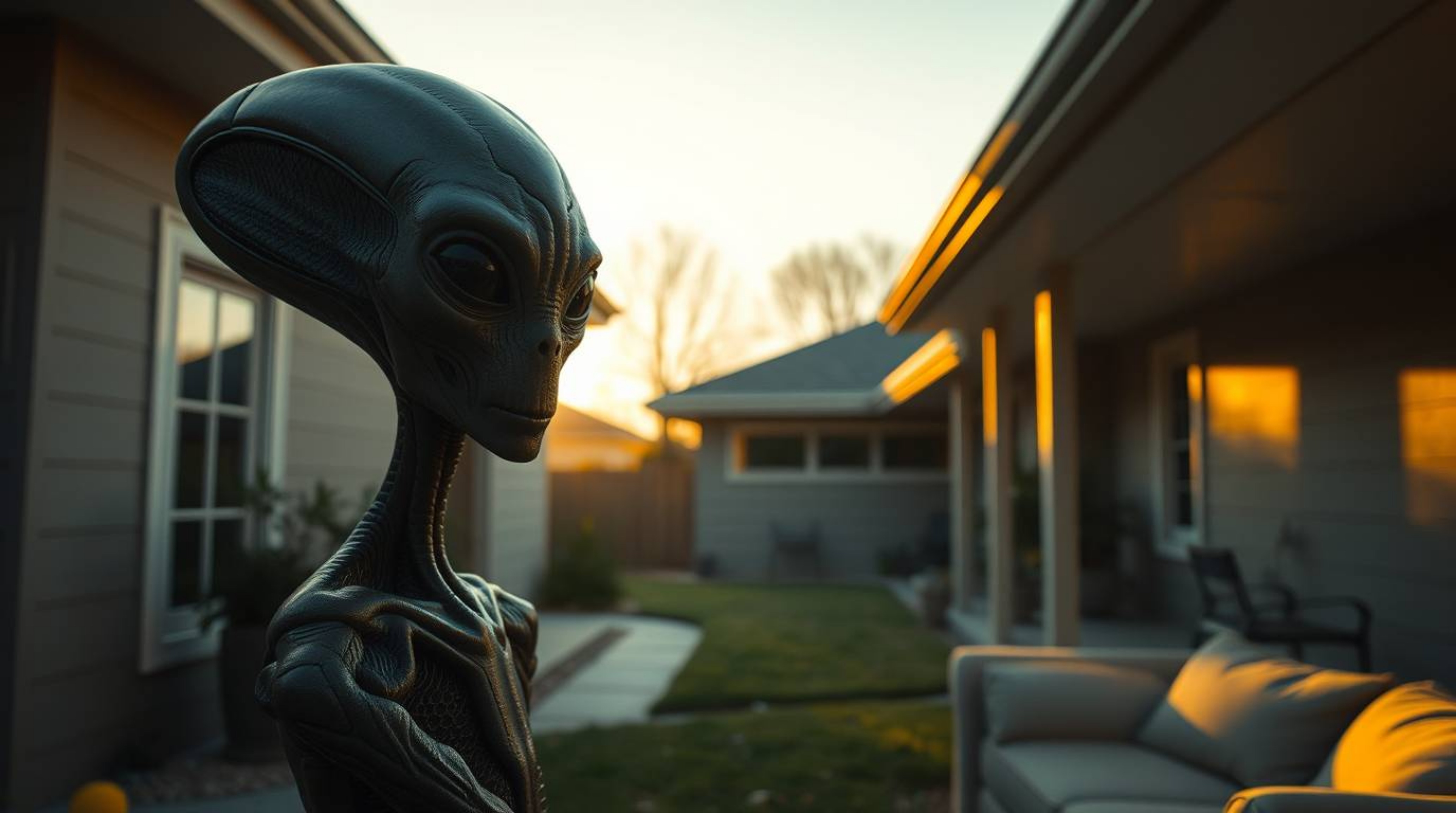 Capture the surreal beauty of an alien residing in a typical suburban house, bathed in the warm, golden light of the hour bef