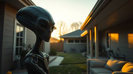 Capture the surreal beauty of an alien residing in a typical suburban house, bathed in the warm, golden light of the hour bef