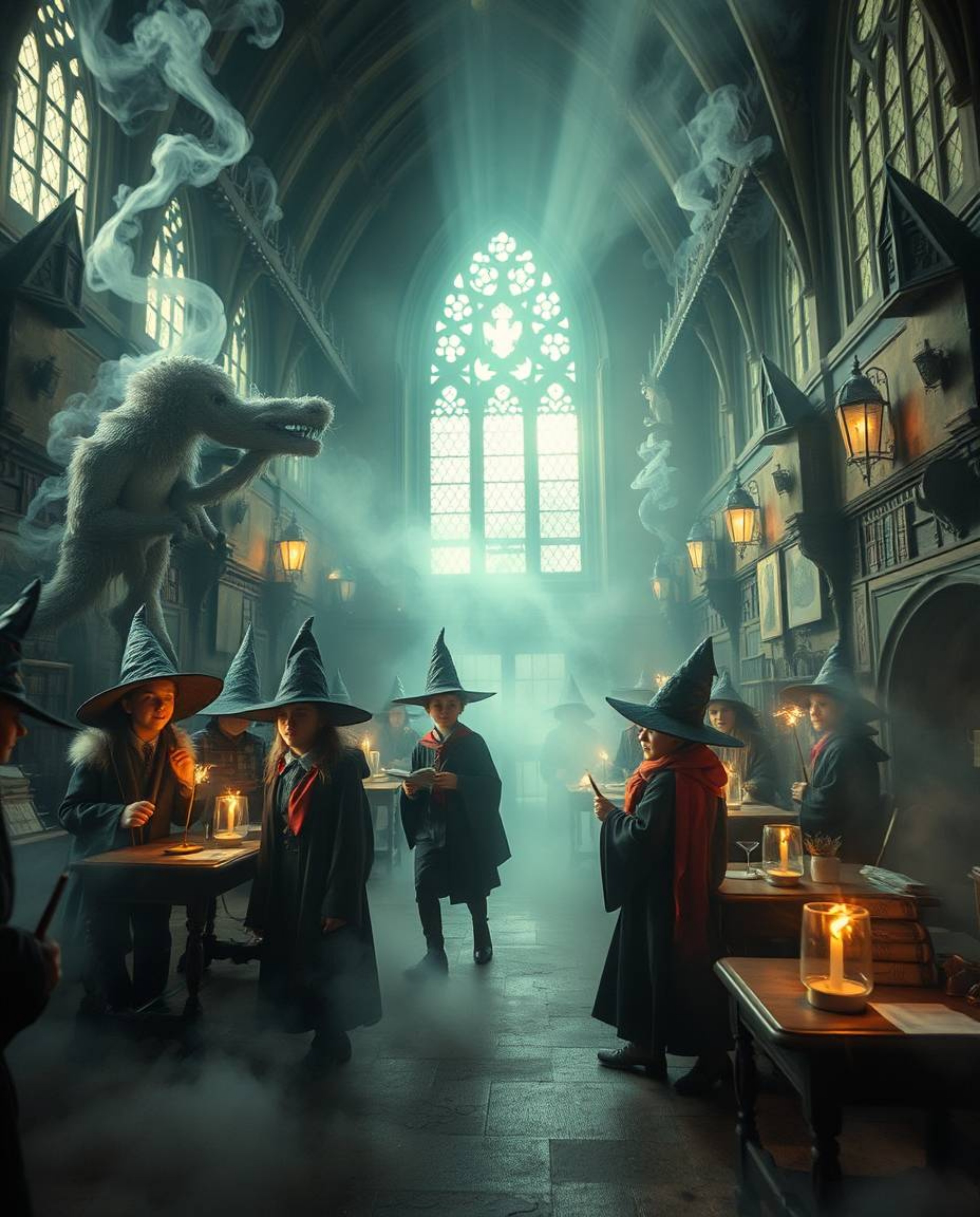 Discover a mesmerizing magical school brimming with young wizards, captivating surreal imagery, and ethereal volumetric light