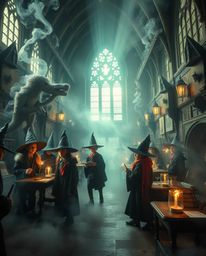 Discover a mesmerizing magical school brimming with young wizards, captivating surreal imagery, and ethereal volumetric light