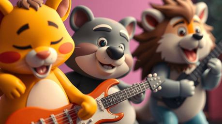 A close-up shot showcases a lively cartoon animal band rocking out!  Enjoy vibrant colors, smooth gradient transitions, detai