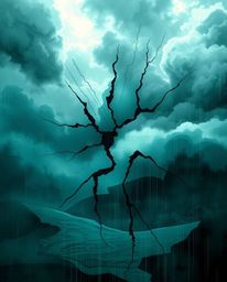 Experience the intense and dramatic beauty of a digital glitch landscape breaking apart, featuring rich deep teal hues and lu