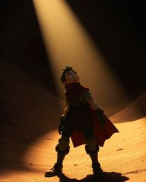 Explore a captivating desert adventure with a brave, Disney-style hero depicted in a low-angle, high-contrast image featuring