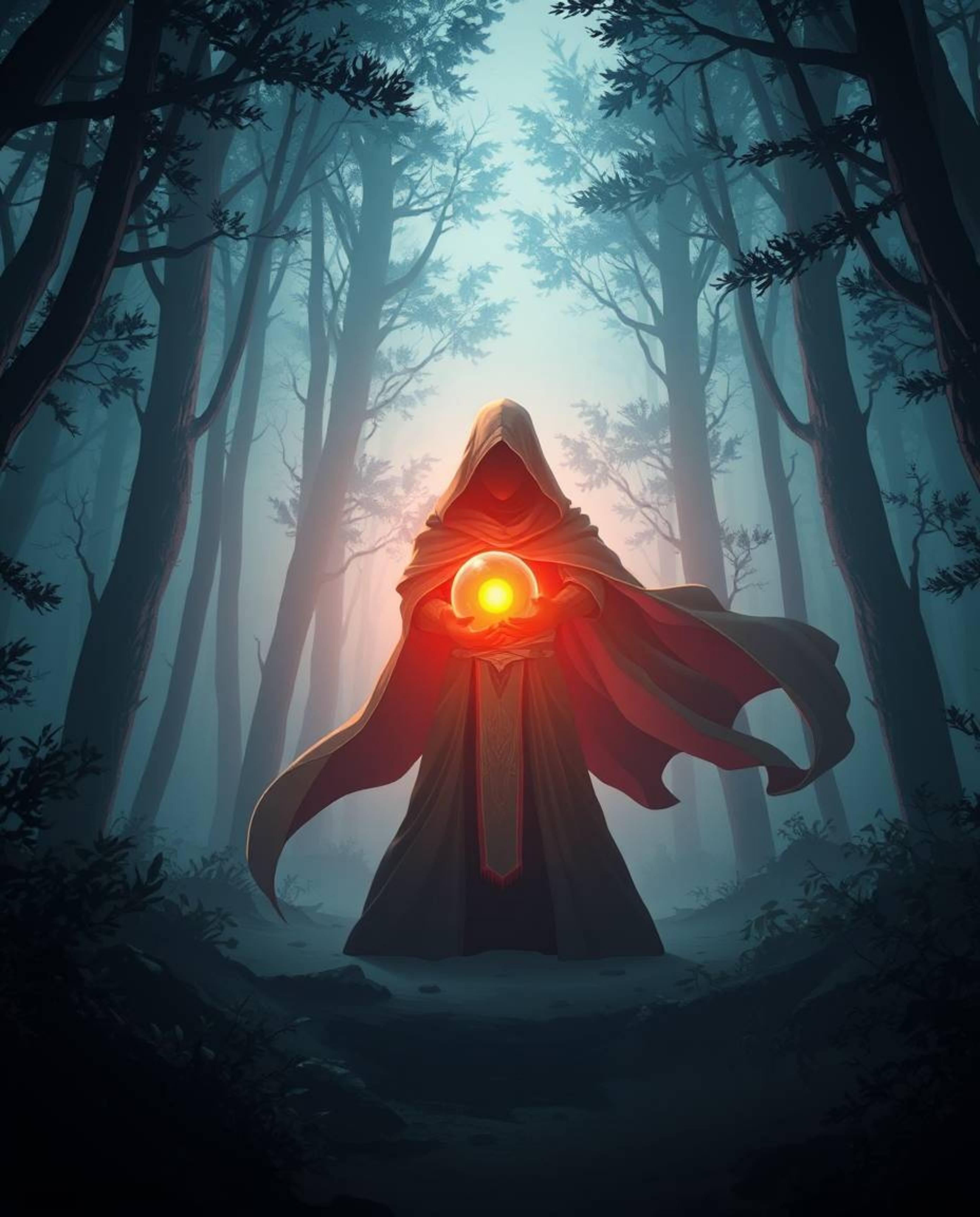 A captivating image depicting a cloaked figure in a misty forest, holding a glowing orb.  The scene is set in a modern future