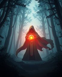 A captivating image depicting a cloaked figure in a misty forest, holding a glowing orb.  The scene is set in a modern future